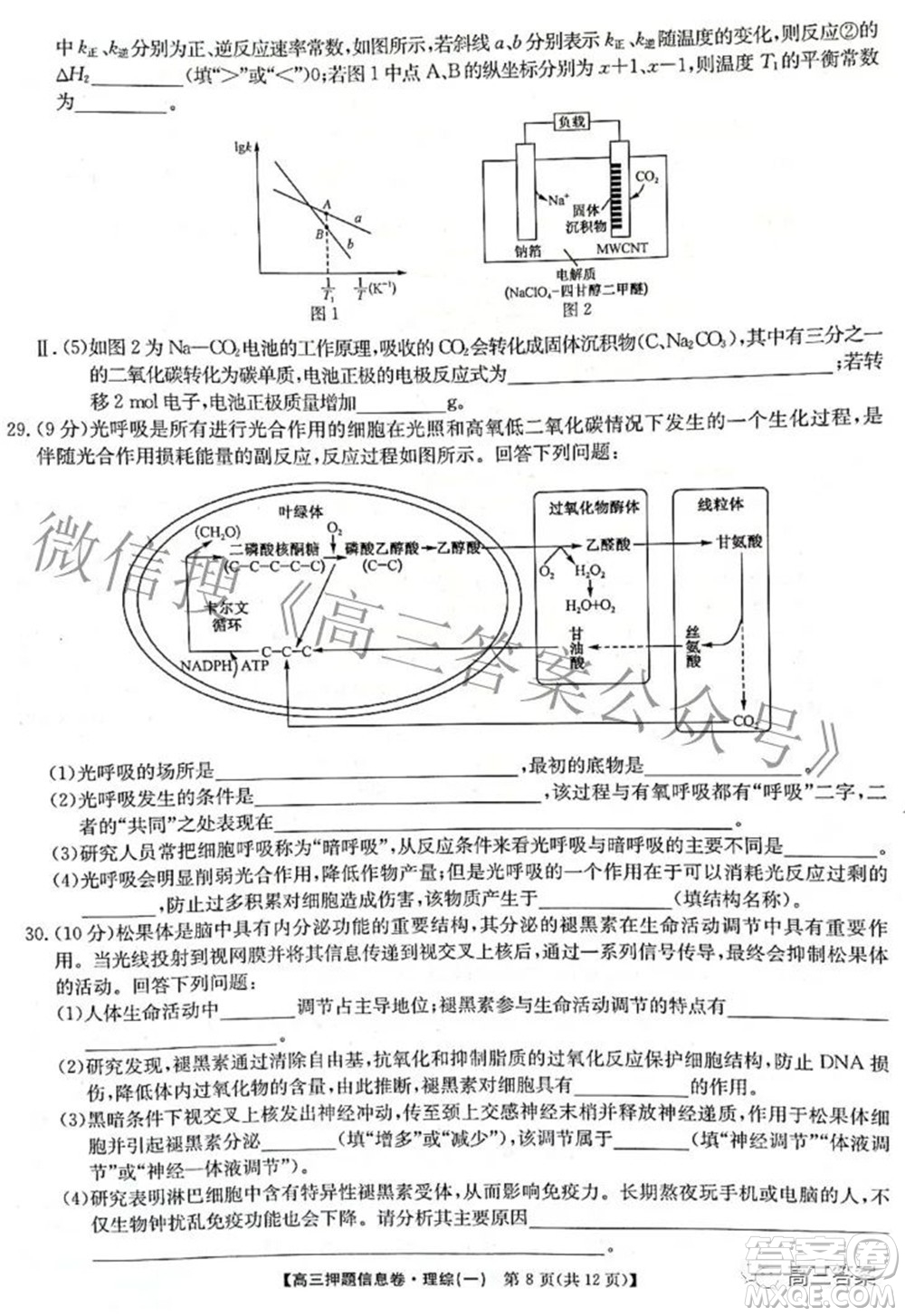 九師聯(lián)盟2021-2022學(xué)年高三押題信息卷一理科綜合試題及答案