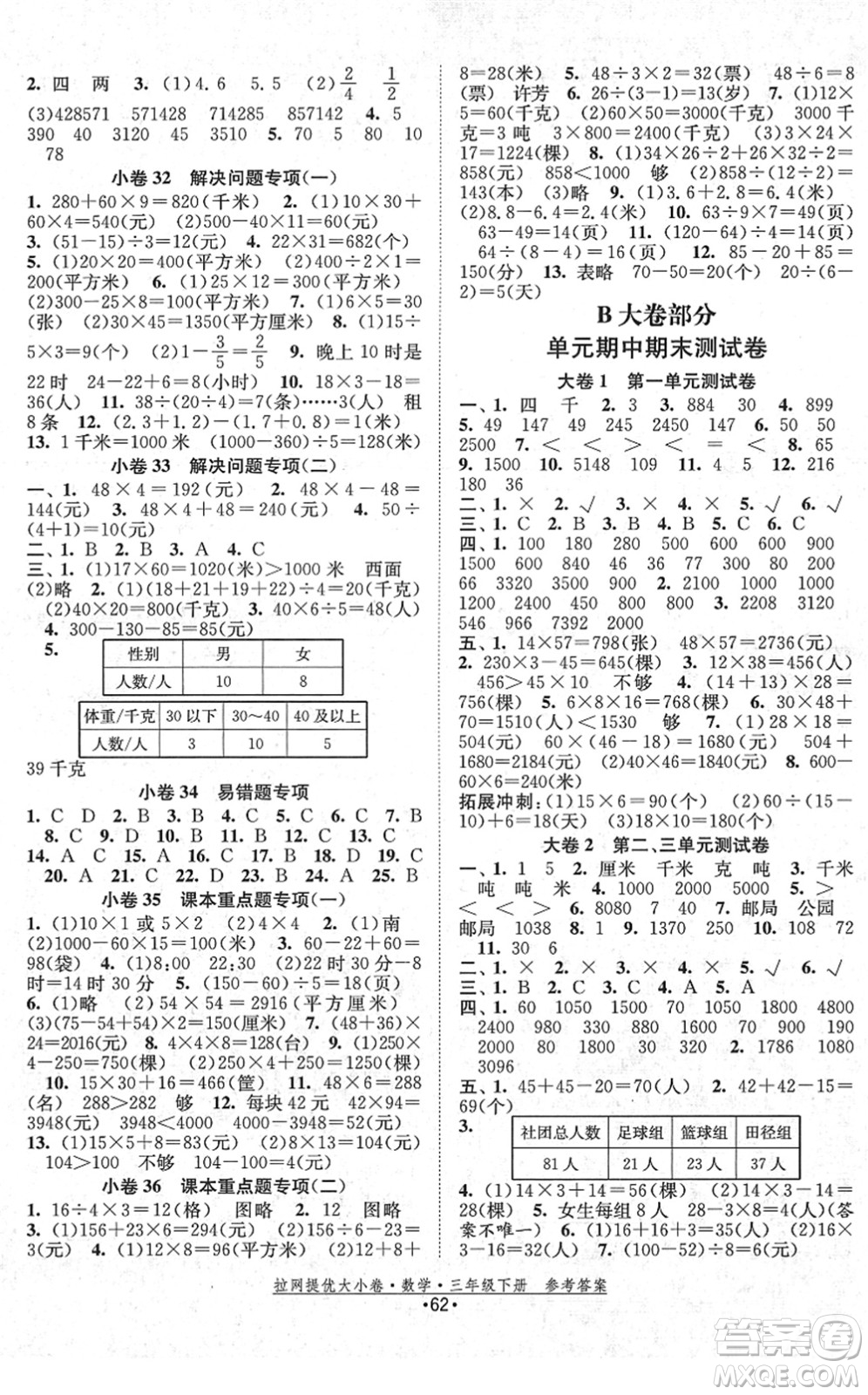 福建人民出版社2022拉網提優(yōu)大小卷三年級數(shù)學下冊SJ蘇教版答案