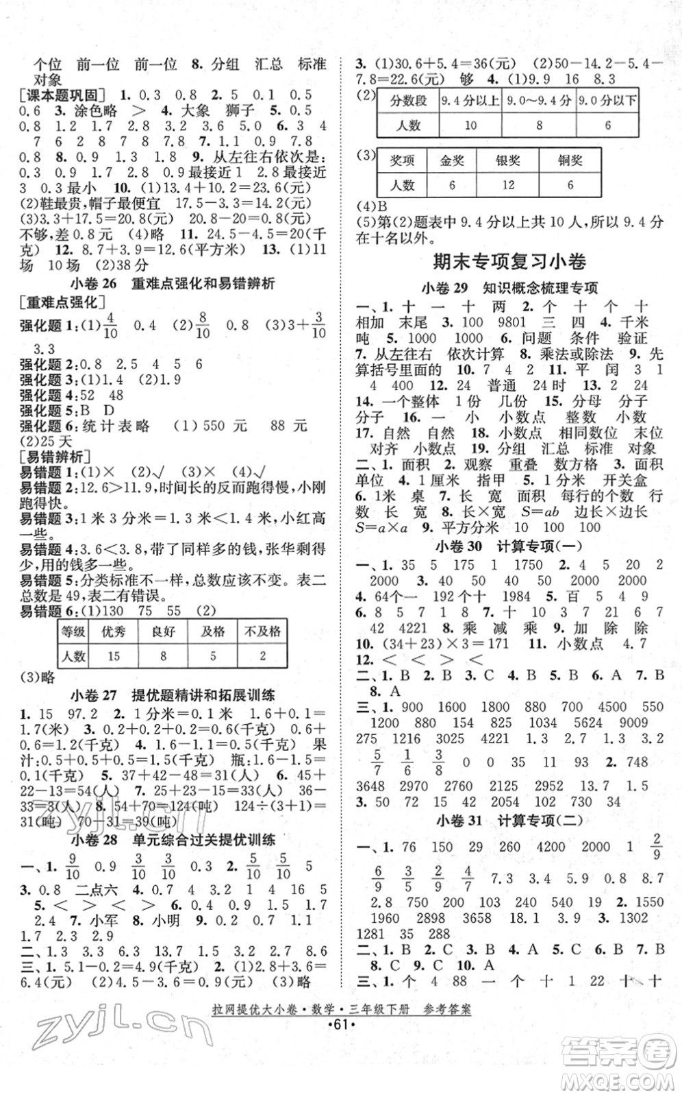 福建人民出版社2022拉網提優(yōu)大小卷三年級數(shù)學下冊SJ蘇教版答案