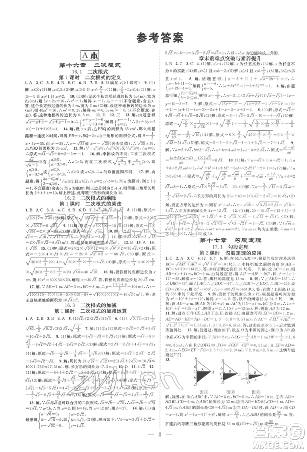 天津科學(xué)技術(shù)出版社2022智慧學(xué)堂核心素養(yǎng)提升法A本八年級下冊數(shù)學(xué)人教版臺州專版參考答案