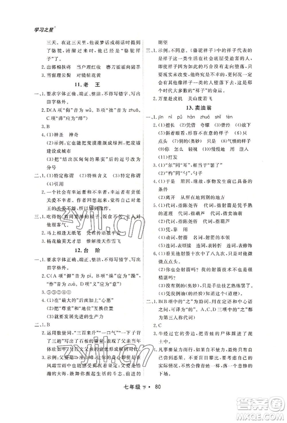 沈陽出版社2022博師在線七年級下冊語文人教版大連專版參考答案