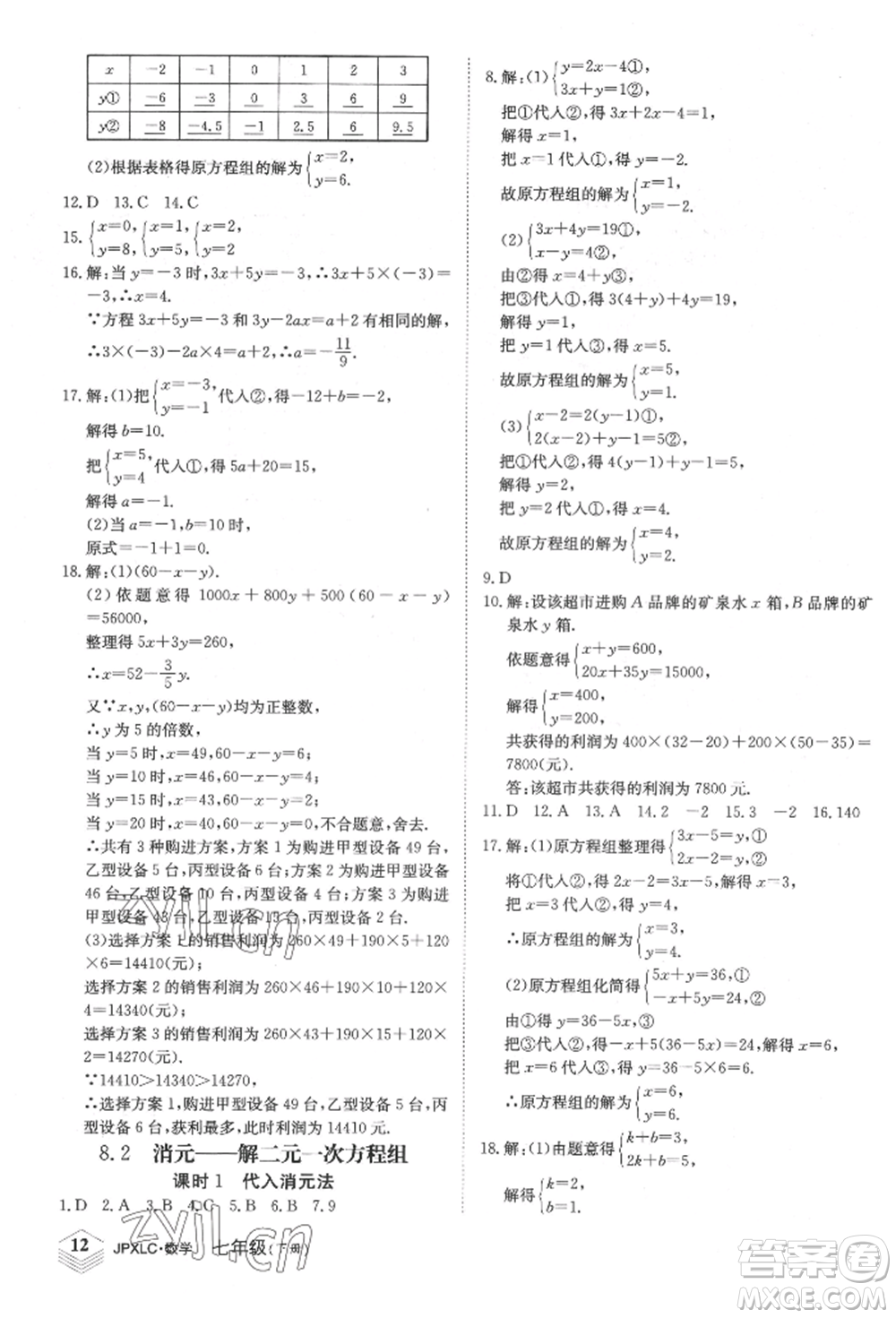 江西高校出版社2022金牌學(xué)練測七年級下冊數(shù)學(xué)人教版參考答案