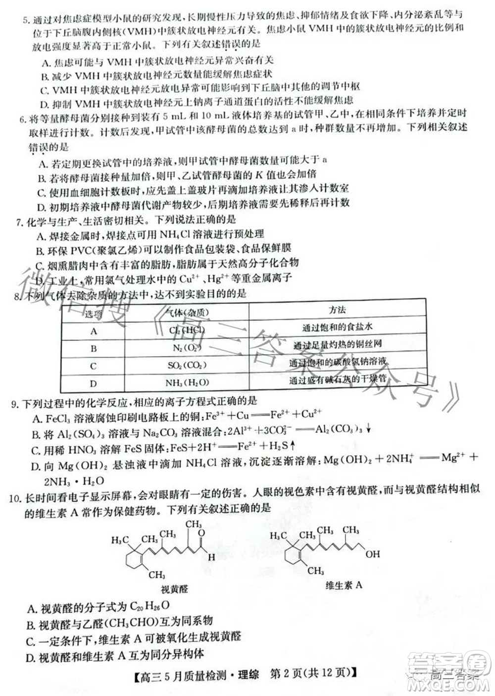 2022九師聯(lián)盟高三5月質(zhì)量檢測理科綜合試題及答案