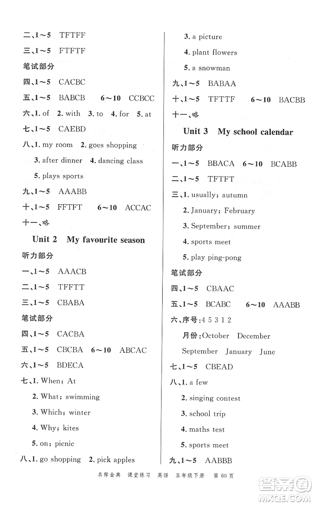 廣東經(jīng)濟(jì)出版社2022名師金典課堂練習(xí)五年級英語下冊人教版答案