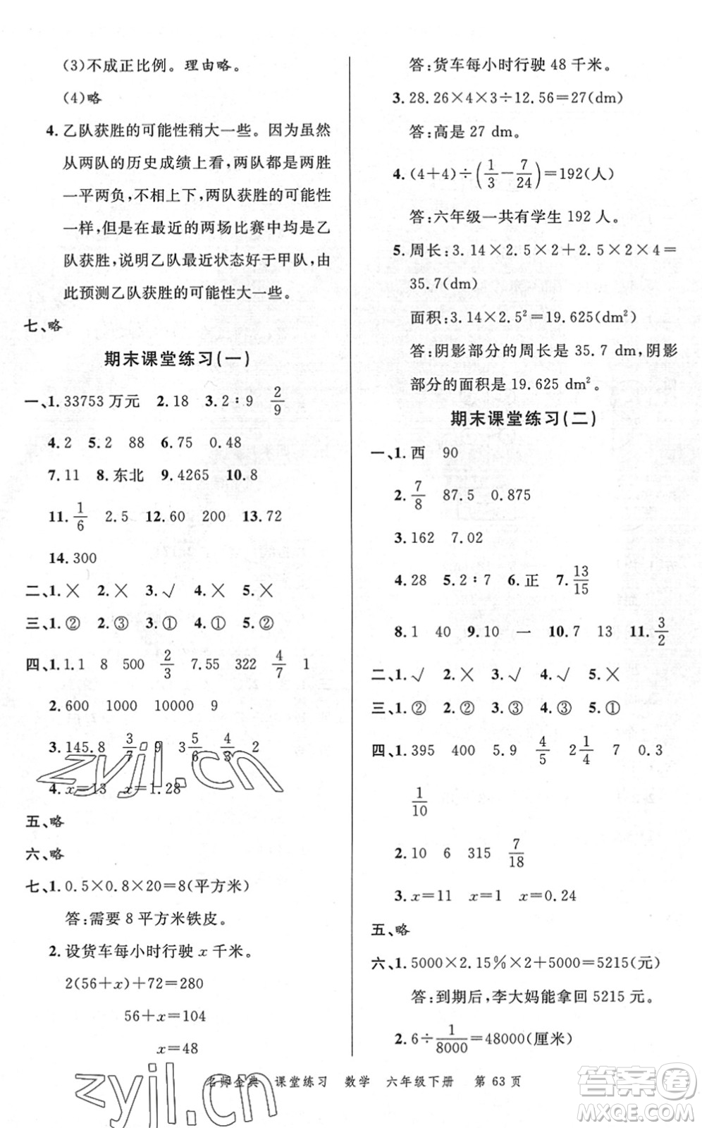 廣東經(jīng)濟出版社2022名師金典課堂練習六年級數(shù)學下冊R人教版答案