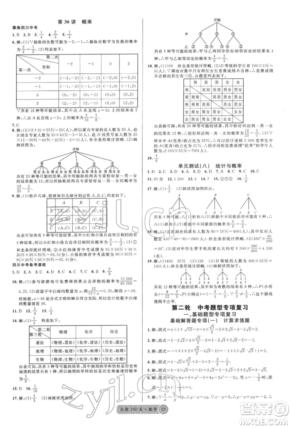 廣東經(jīng)濟(jì)出版社2022火線100天全練本數(shù)學(xué)通用版南充專版參考答案