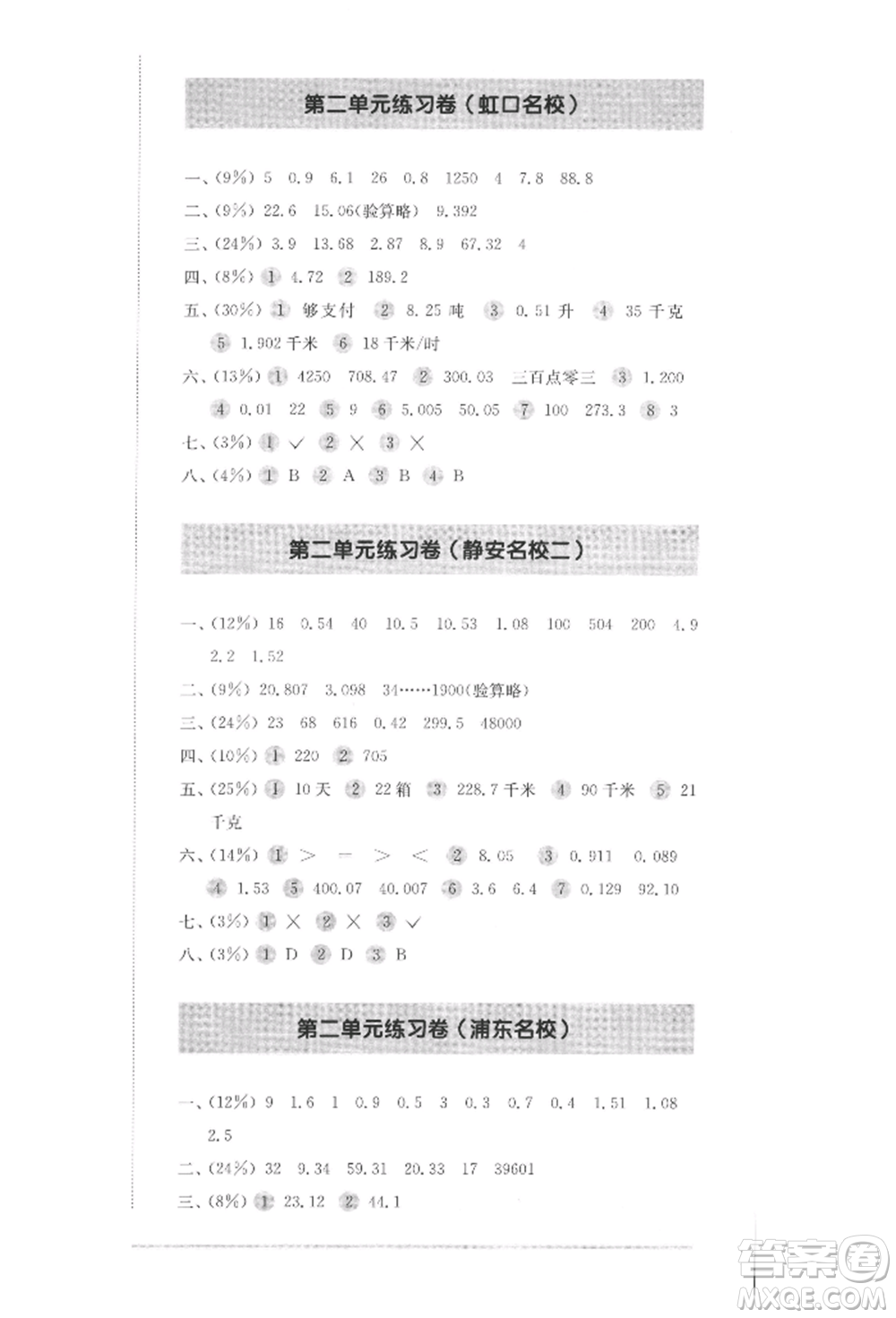 華東師范大學(xué)出版社2022上海名校名卷四年級下冊數(shù)學(xué)滬教版參考答案