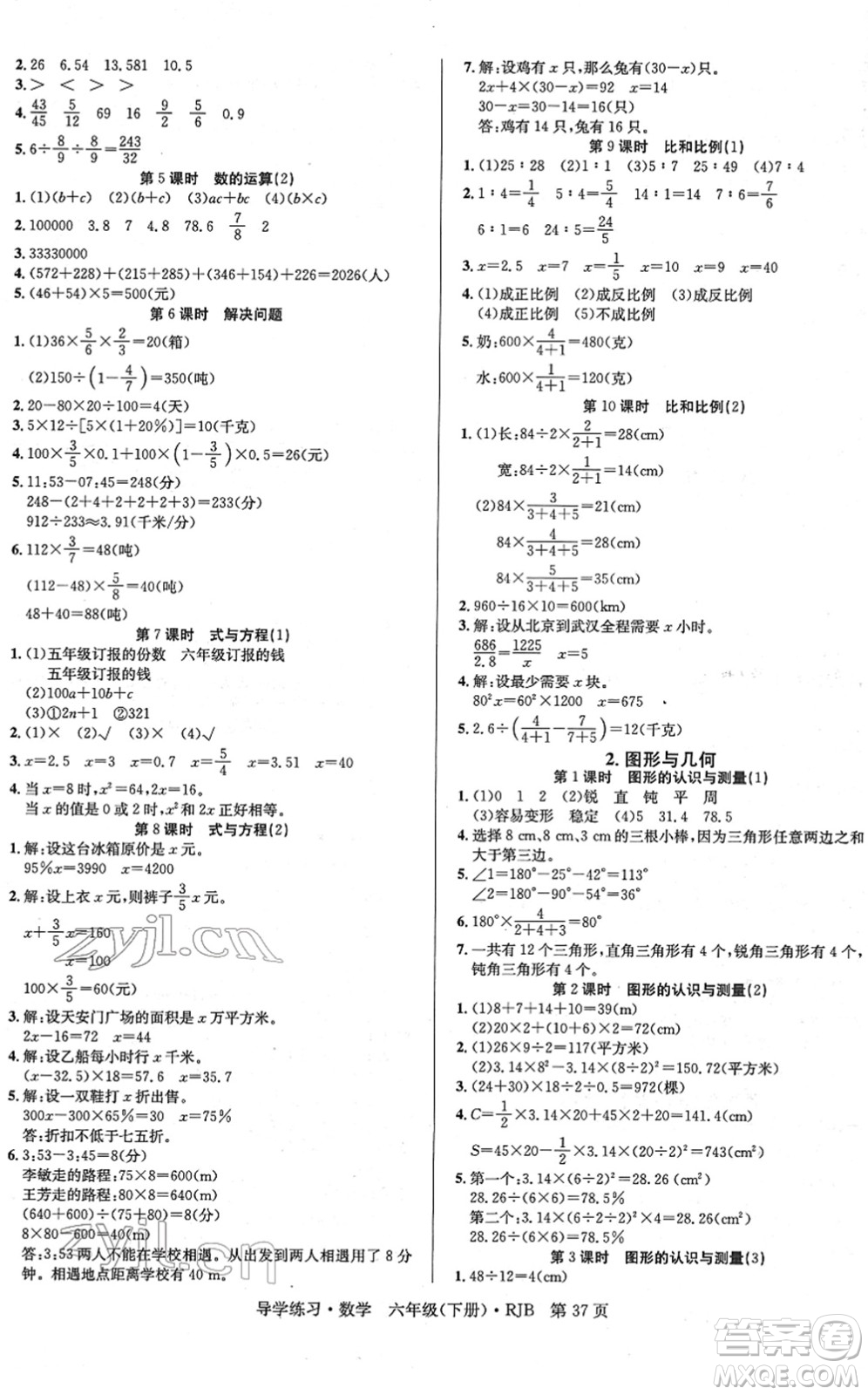 延邊教育出版社2022樂享數(shù)學(xué)導(dǎo)學(xué)練習(xí)六年級下冊RJB人教版答案