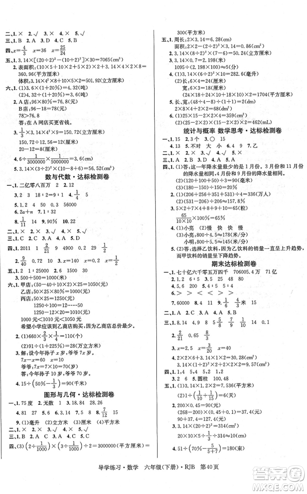 延邊教育出版社2022樂享數(shù)學(xué)導(dǎo)學(xué)練習(xí)六年級下冊RJB人教版答案