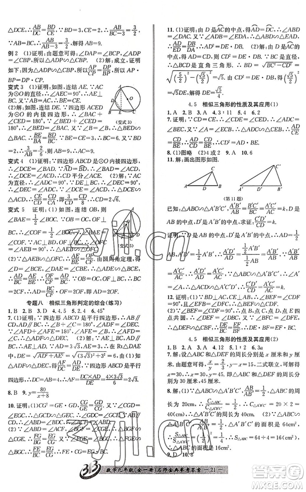 云南科技出版社2022名師金典BFB初中課時優(yōu)化九年級數(shù)學(xué)全一冊浙教版答案