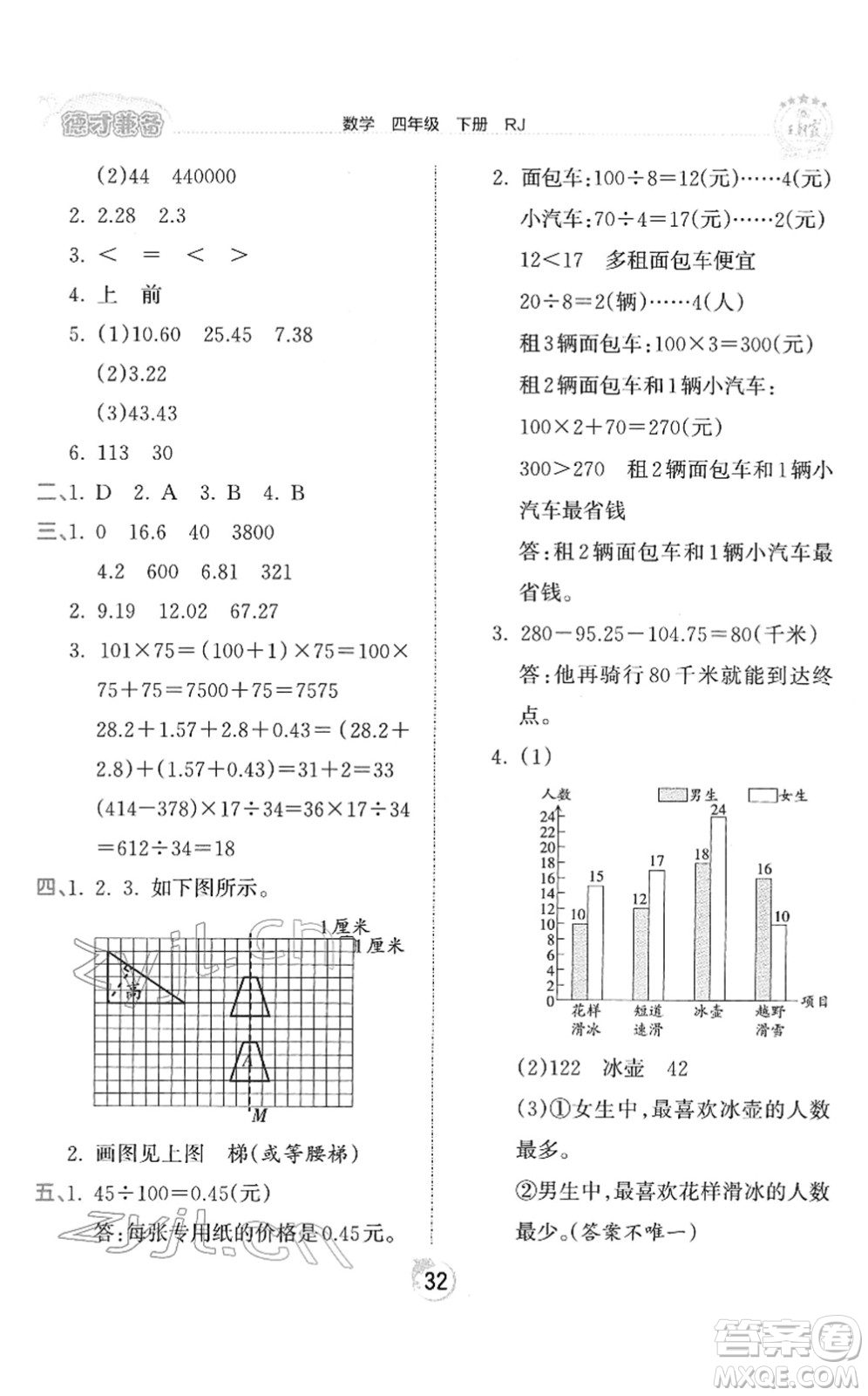 江西人民出版社2022王朝霞德才兼?zhèn)渥鳂I(yè)創(chuàng)新設(shè)計(jì)四年級數(shù)學(xué)下冊RJ人教版答案