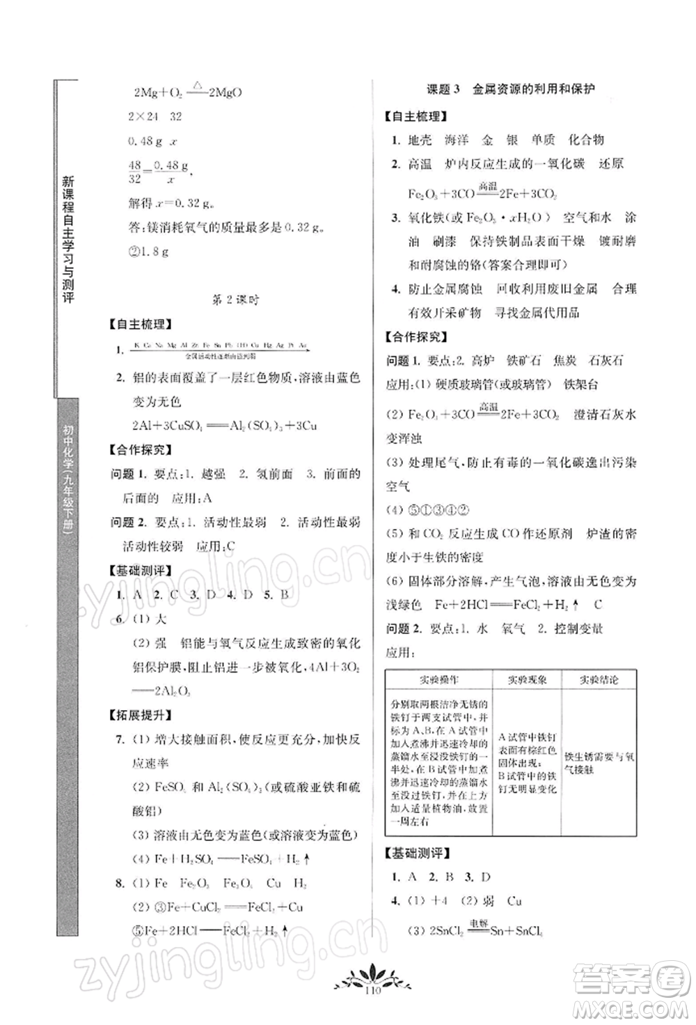 南京師范大學(xué)出版社2022新課程自主學(xué)習(xí)與測(cè)評(píng)九年級(jí)下冊(cè)化學(xué)人教版參考答案