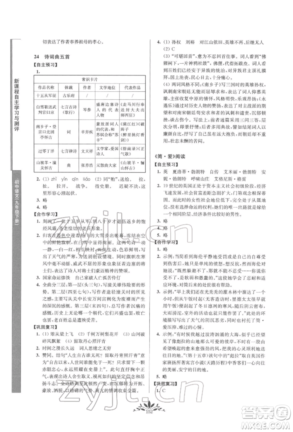 南京師范大學(xué)出版社2022新課程自主學(xué)習(xí)與測(cè)評(píng)九年級(jí)下冊(cè)語(yǔ)文人教版參考答案