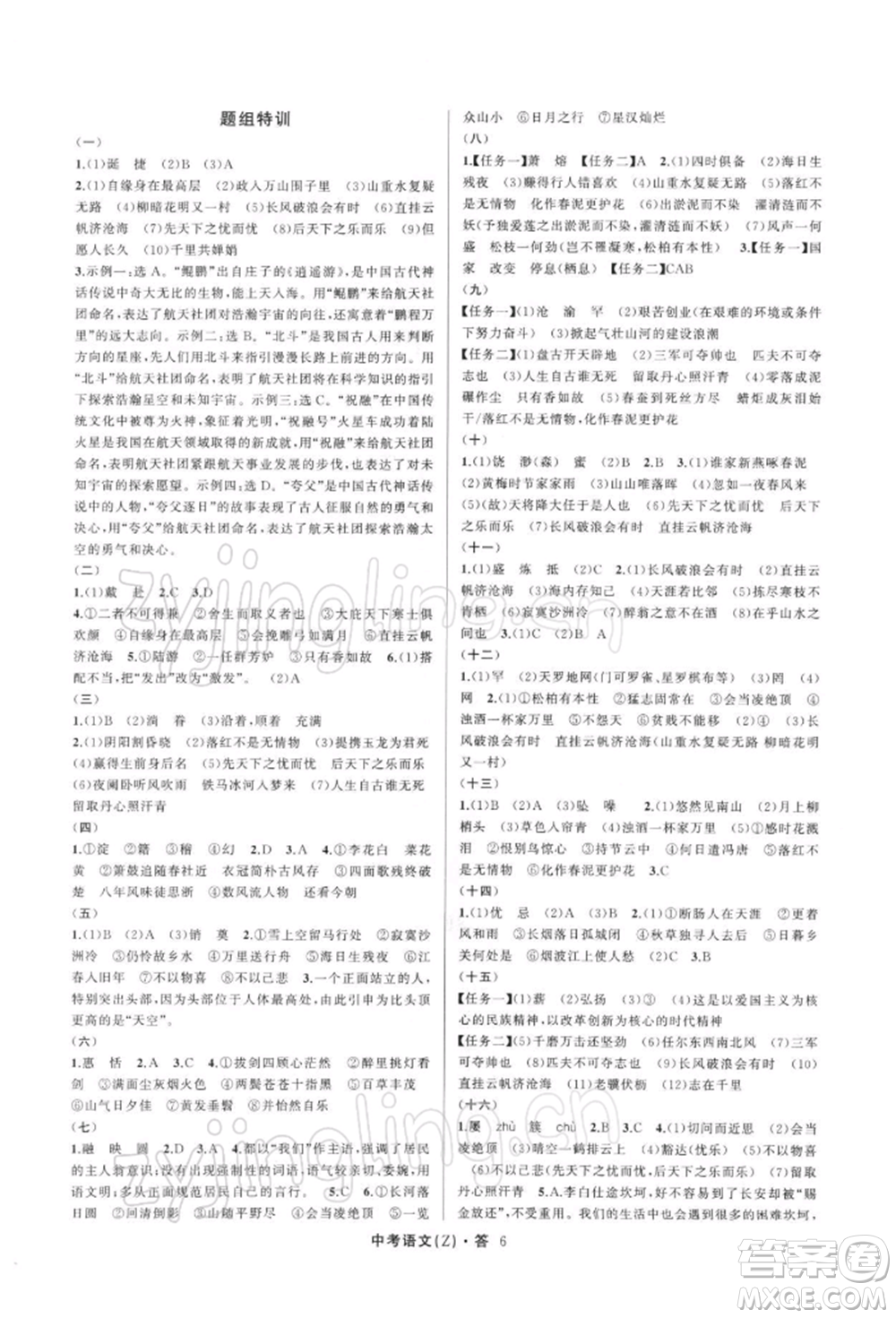 浙江工商大學(xué)出版社2022名師面對(duì)面中考滿分特訓(xùn)方案語文通用版浙江專版參考答案