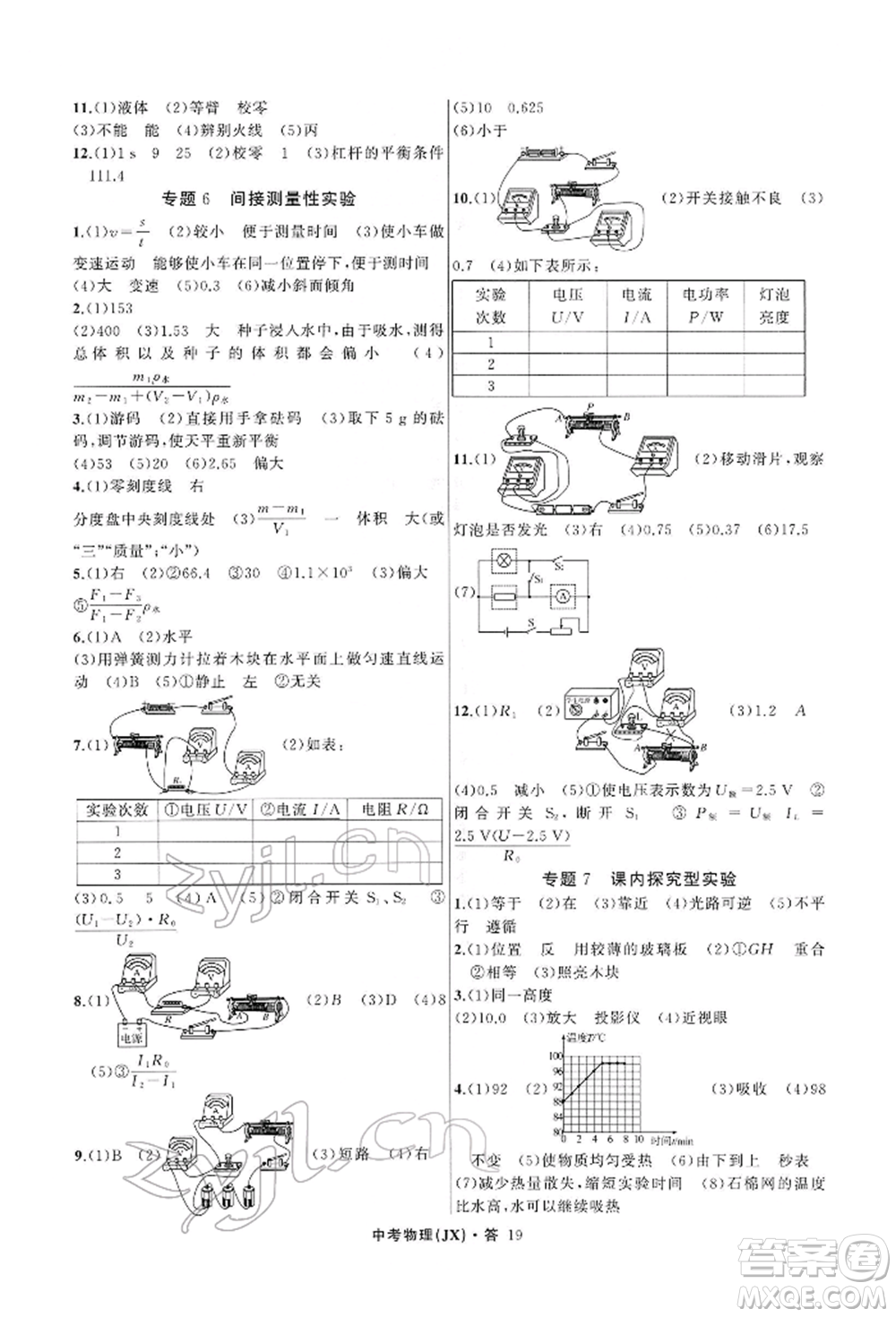 浙江工商大學(xué)出版社2022名師面對(duì)面中考滿分特訓(xùn)方案物理通用版江西專版參考答案