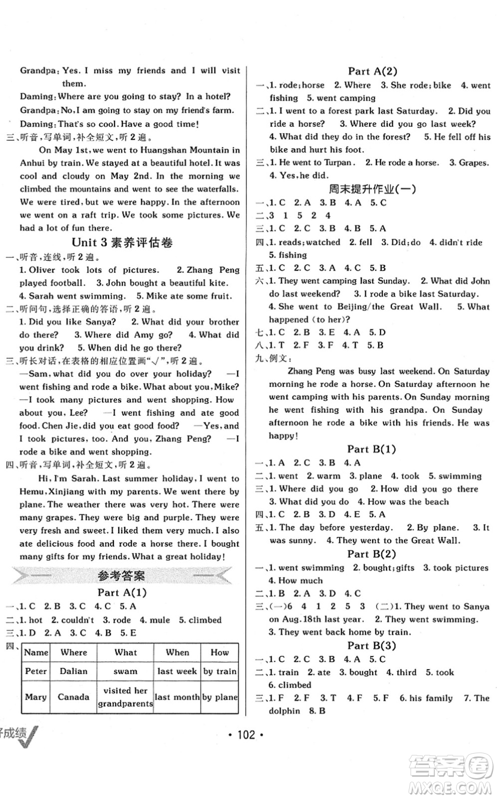 新疆青少年出版社2022同行課課100分過關(guān)作業(yè)六年級英語下冊PEP版答案