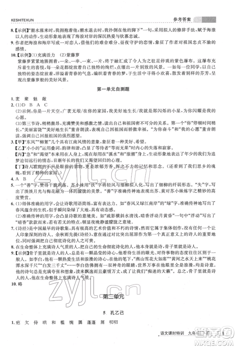 浙江人民出版社2022課時特訓九年級下冊語文人教版參考答案