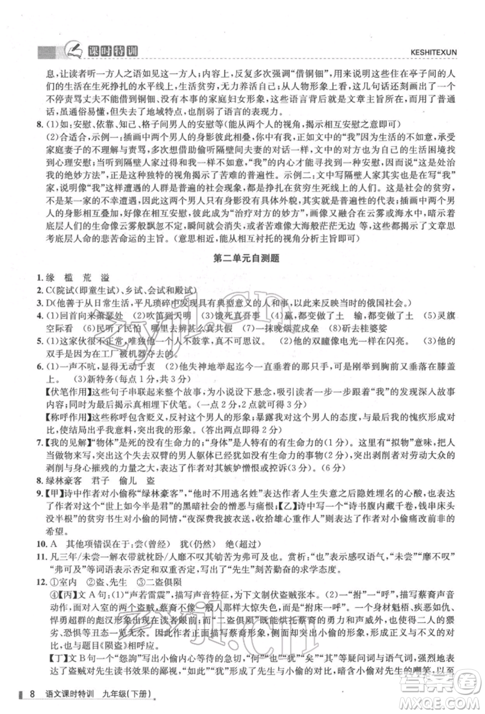 浙江人民出版社2022課時特訓九年級下冊語文人教版參考答案