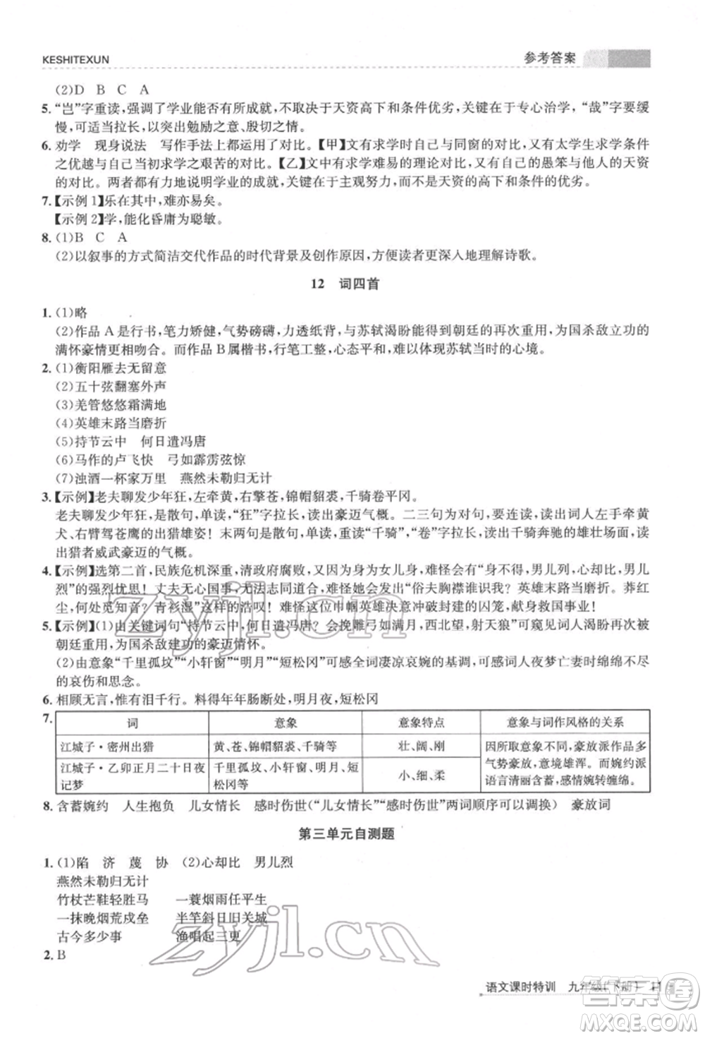 浙江人民出版社2022課時特訓九年級下冊語文人教版參考答案