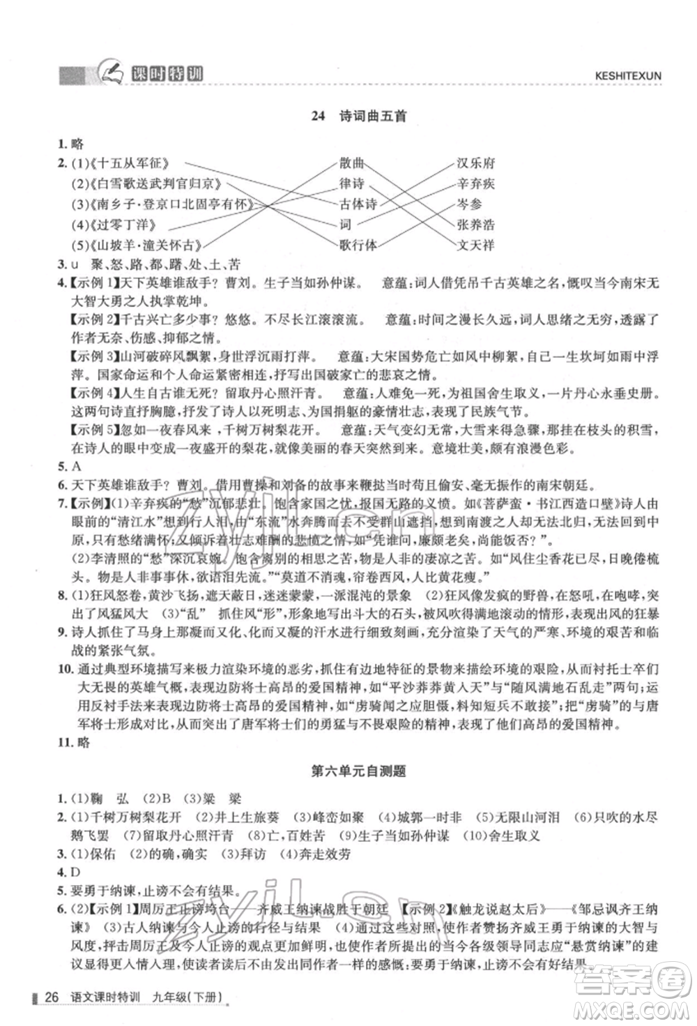 浙江人民出版社2022課時特訓九年級下冊語文人教版參考答案