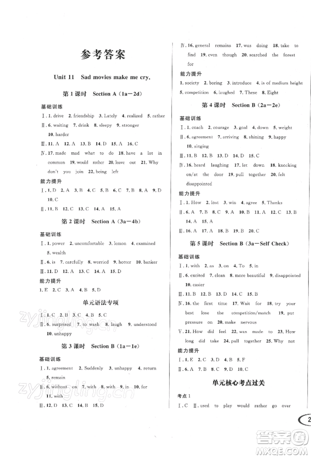 南方出版社2022全解全習(xí)九年級(jí)下冊(cè)英語人教版參考答案