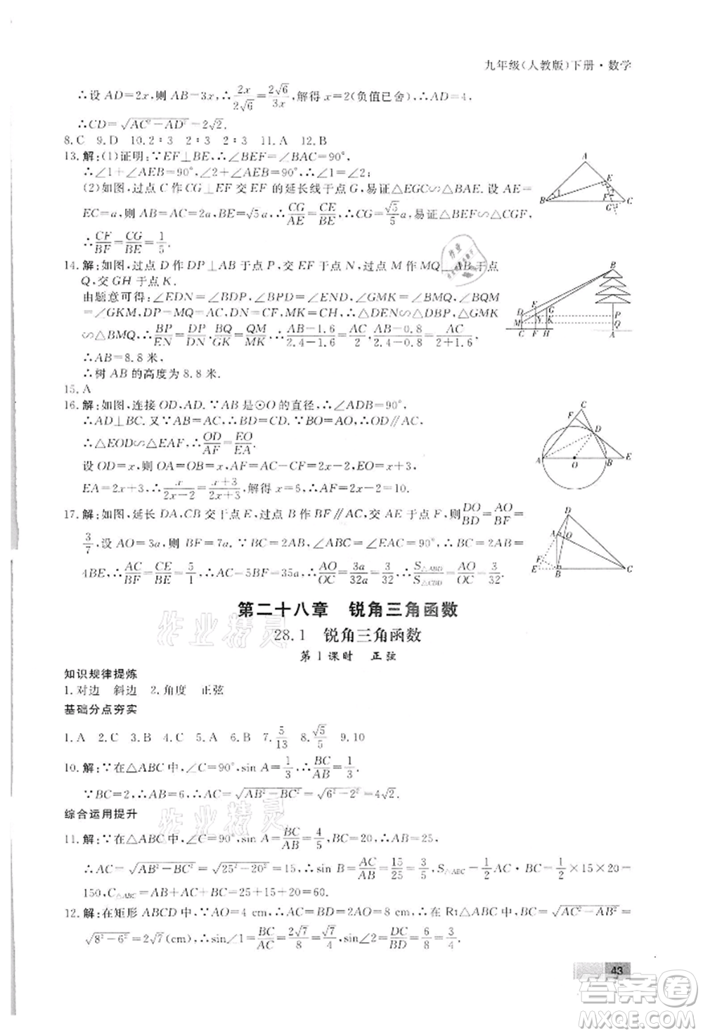 東方出版社2022贏在新課堂九年級下冊數(shù)學(xué)人教版江西專版參考答案