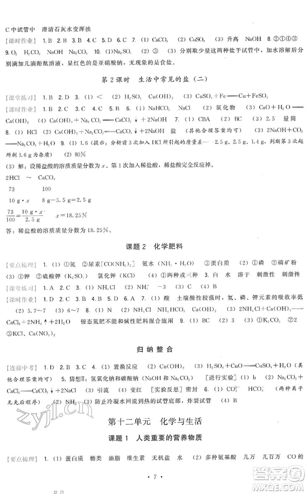 福建人民出版社2022頂尖課課練九年級化學下冊人教版答案