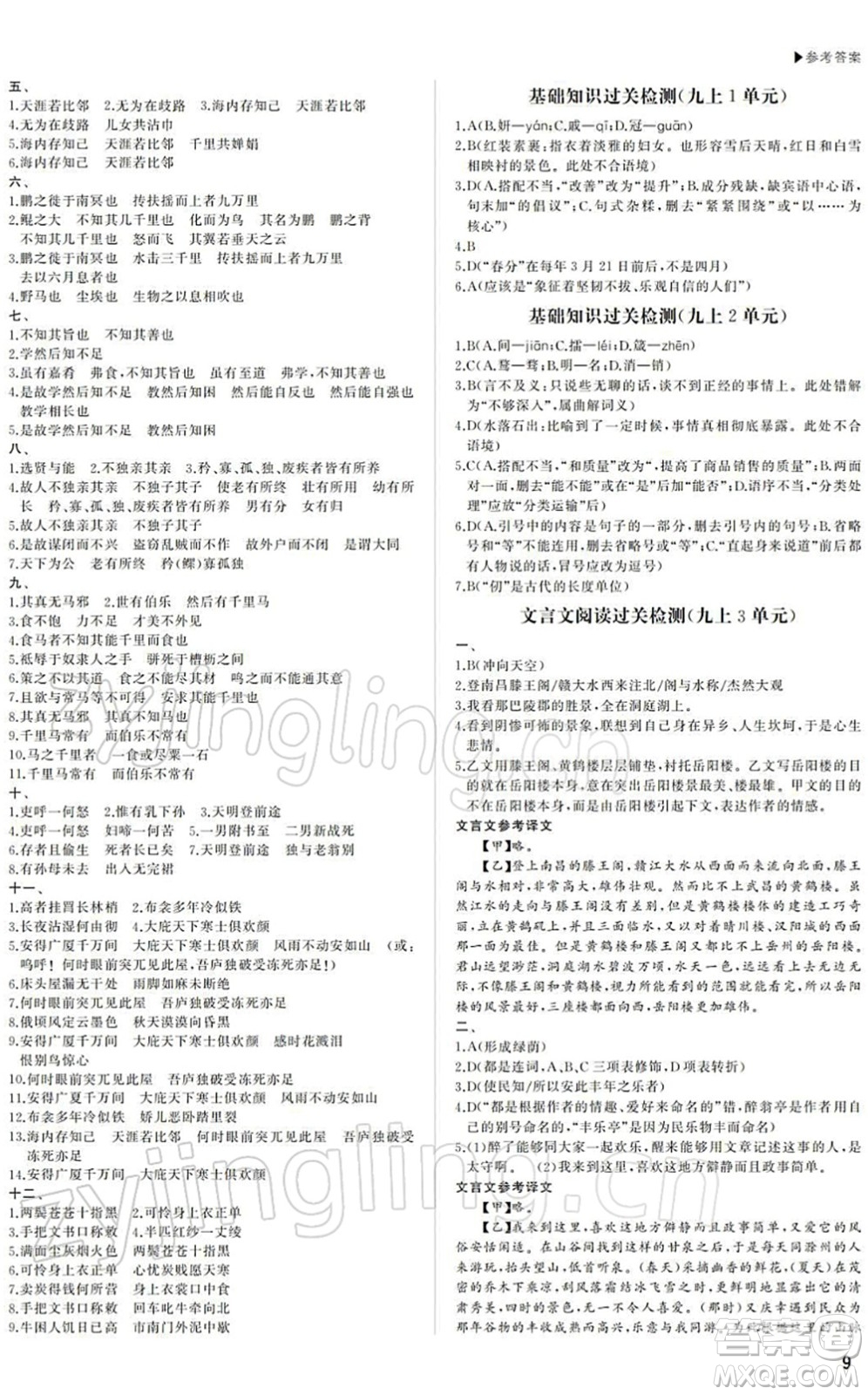 內蒙古大學出版社2022超越中考九年級語文下冊人教版答案