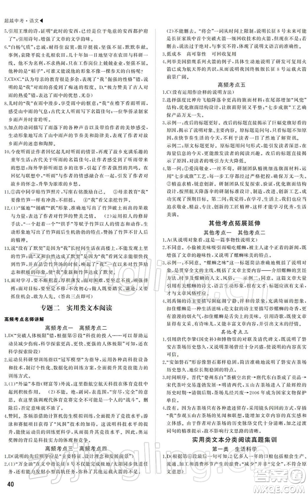 內蒙古大學出版社2022超越中考九年級語文下冊人教版答案