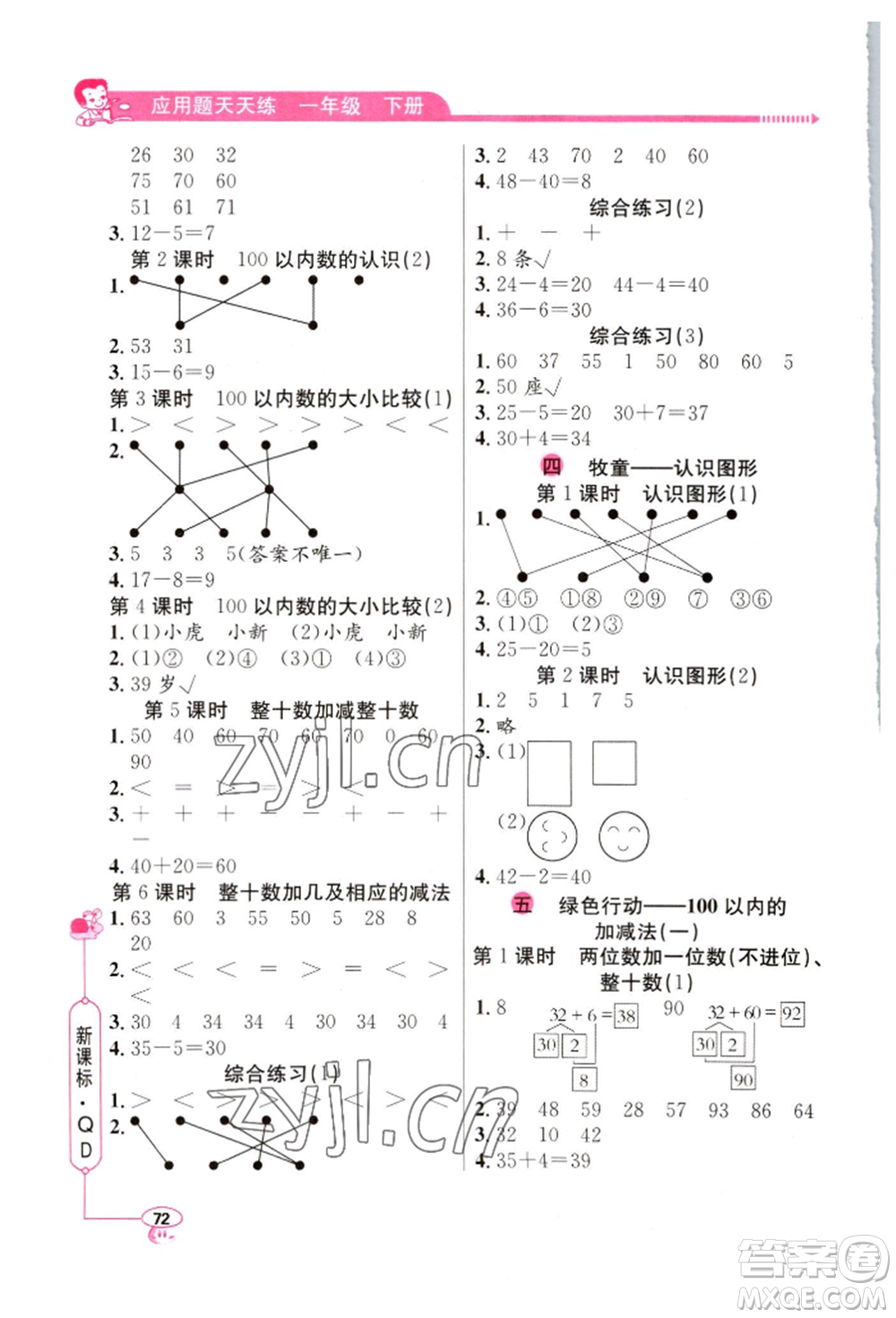 山東畫報(bào)出版社2022應(yīng)用題天天練一年級(jí)下冊(cè)數(shù)學(xué)青島版參考答案