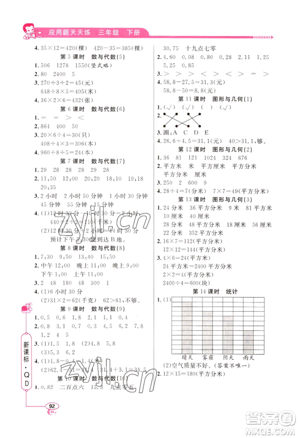 山東畫(huà)報(bào)出版社2022應(yīng)用題天天練三年級(jí)下冊(cè)數(shù)學(xué)青島版參考答案