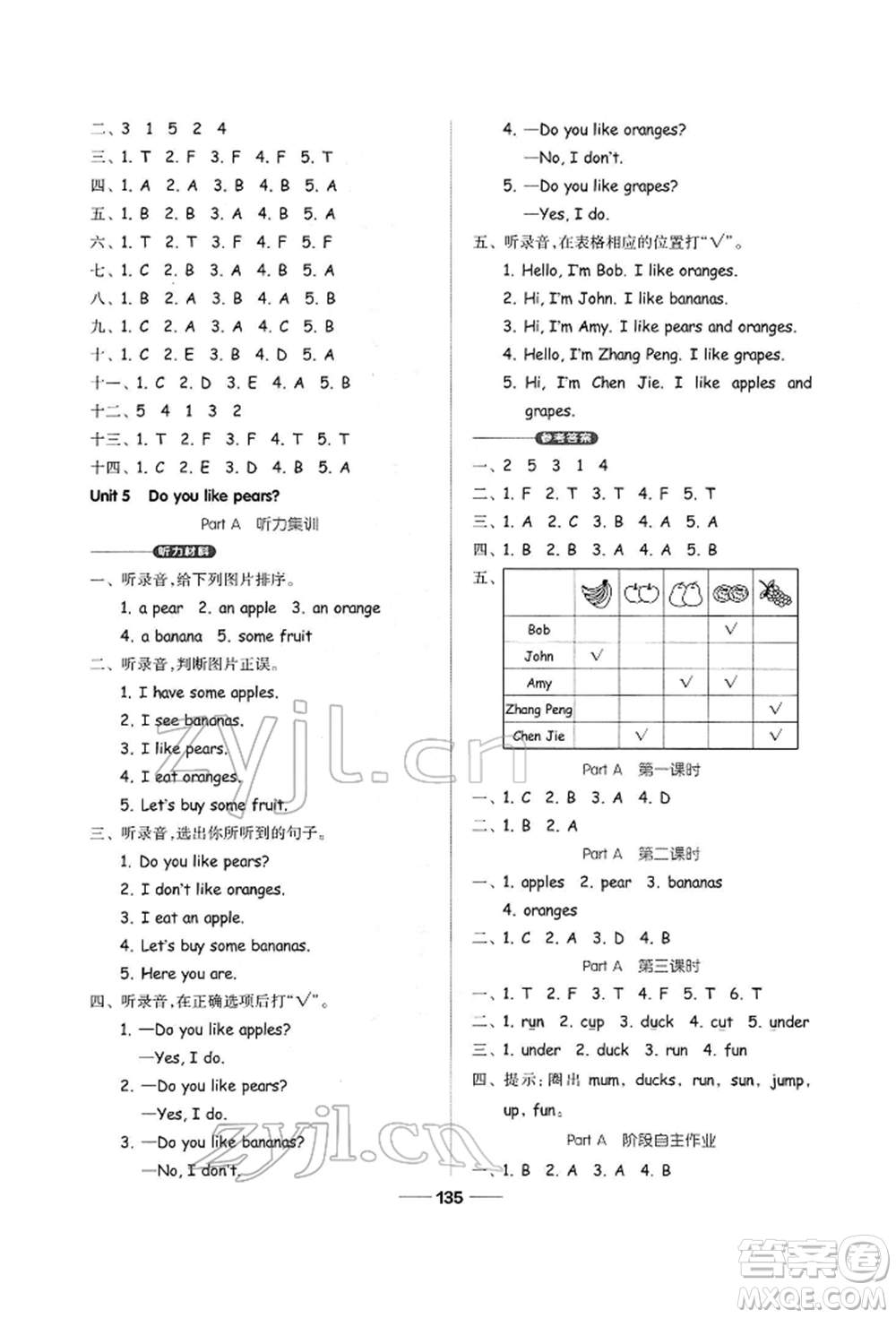 山東科學技術(shù)出版社2022新思維伴你學三年級下冊英語人教版參考答案