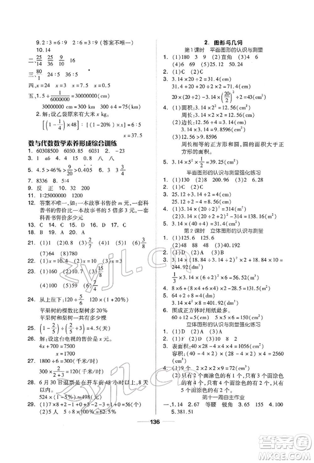 山東科學(xué)技術(shù)出版社2022新思維伴你學(xué)六年級(jí)下冊(cè)數(shù)學(xué)人教版參考答案