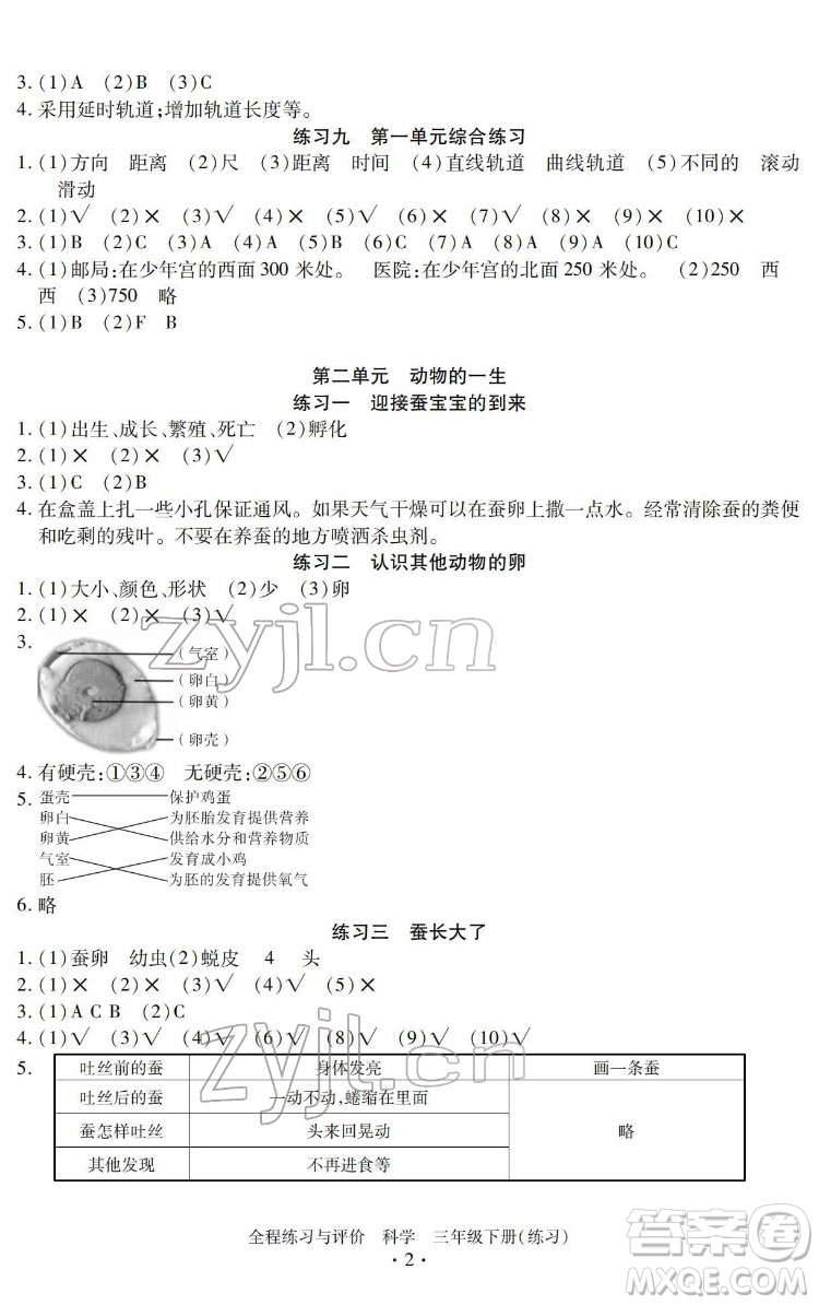 浙江人民出版社2022全程練習(xí)與評價三年級下冊科學(xué)教科版答案