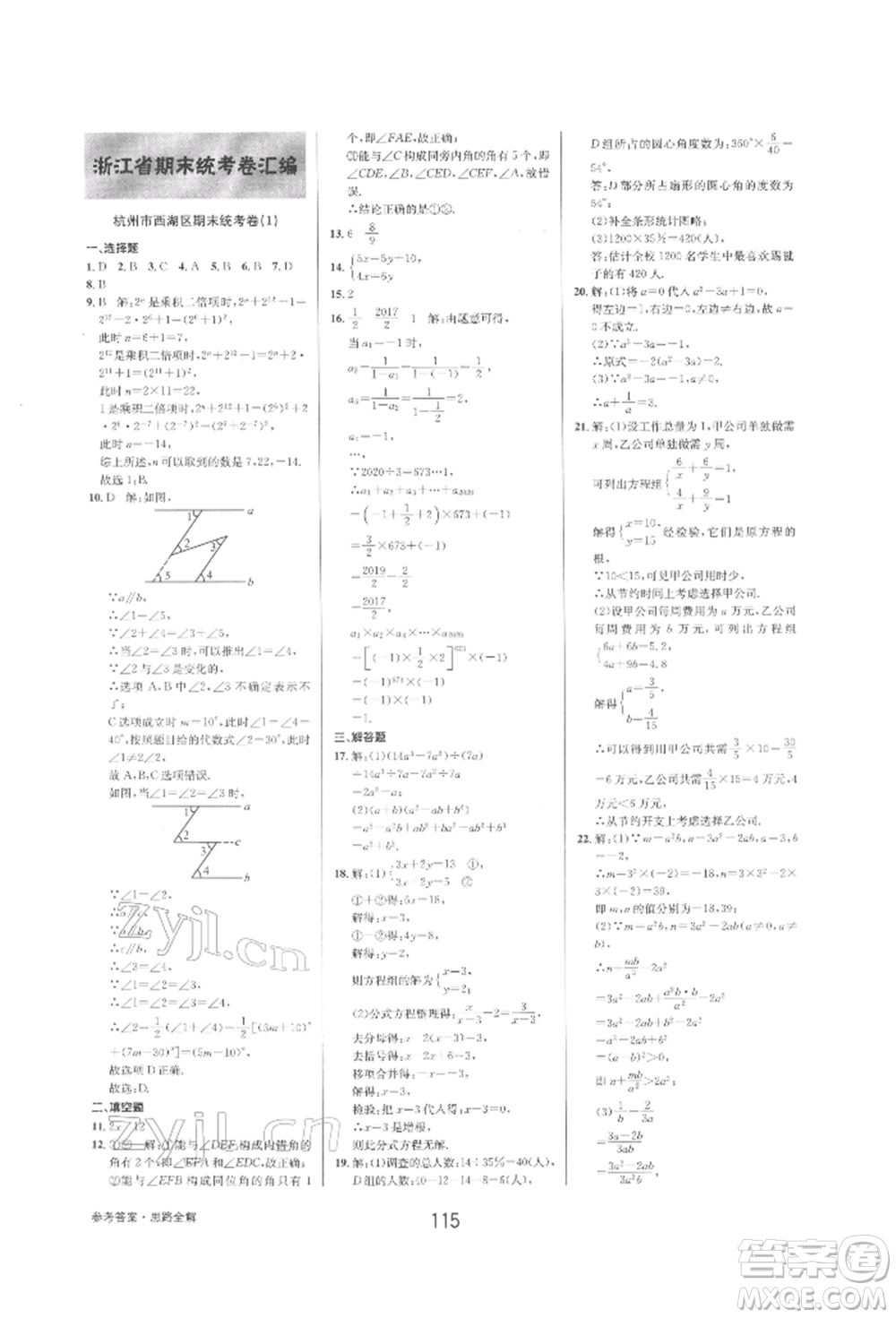 天津科學(xué)技術(shù)出版社2022初中新學(xué)案優(yōu)化與提高七年級下冊數(shù)學(xué)A浙教版參考答案