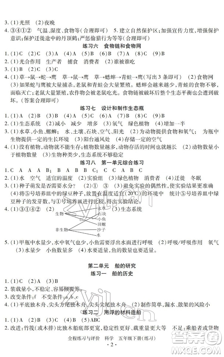 浙江人民出版社2022全程練習(xí)與評價(jià)五年級下冊科學(xué)教科版答案