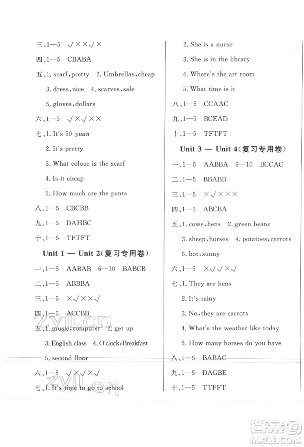 西安出版社2022狀元坊全程突破導(dǎo)練測四年級(jí)下冊(cè)英語人教版東莞專版參考答案