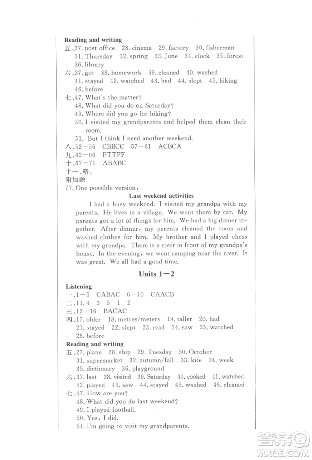 西安出版社2022狀元坊全程突破導(dǎo)練測(cè)六年級(jí)下冊(cè)英語(yǔ)人教版佛山專(zhuān)版參考答案