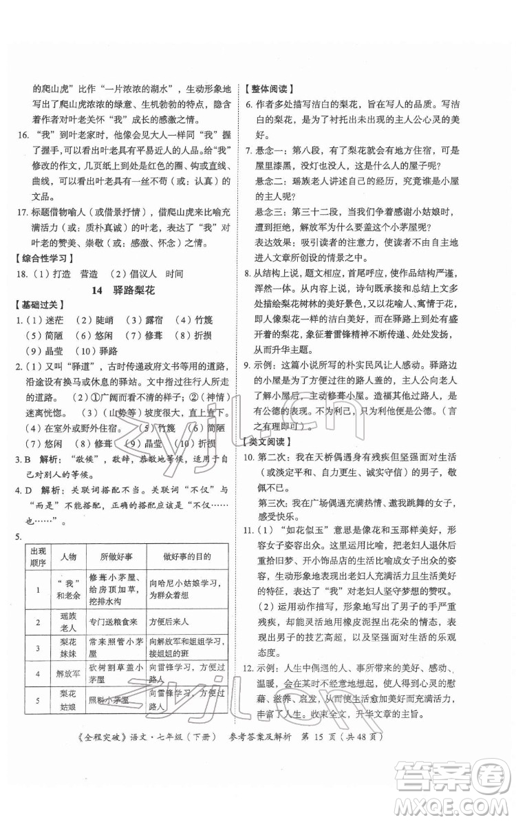 延邊大學出版社2022全程突破七年級下冊語文人教版答案