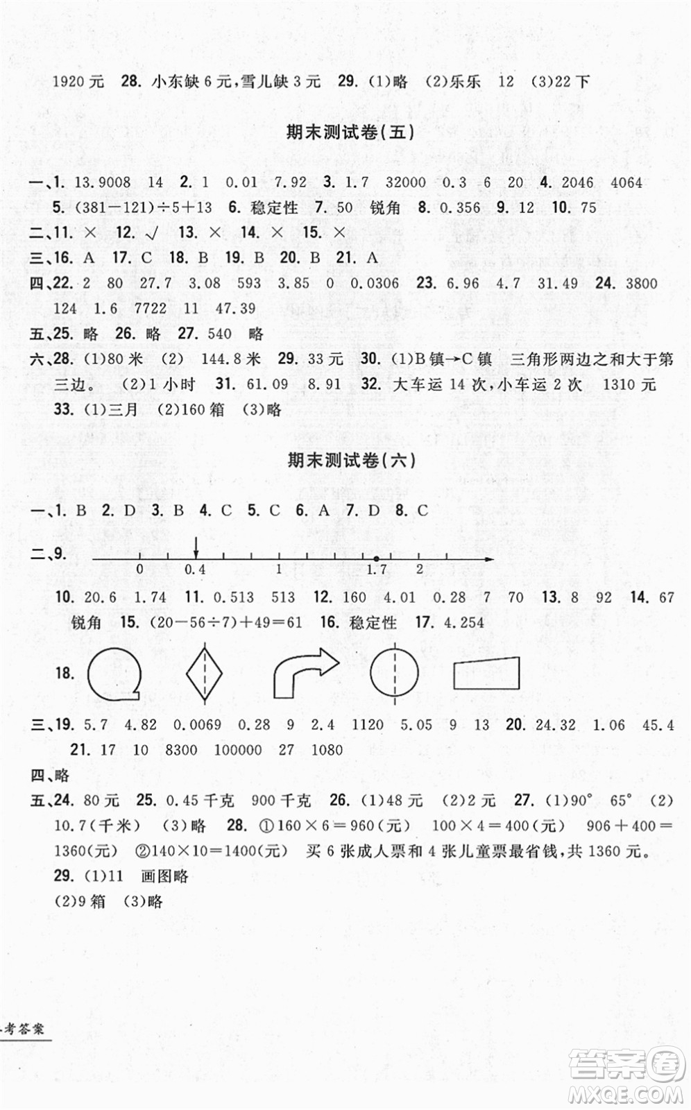 浙江工商大學(xué)出版社2022一卷一練單元同步測試卷四年級數(shù)學(xué)下冊R人教版答案