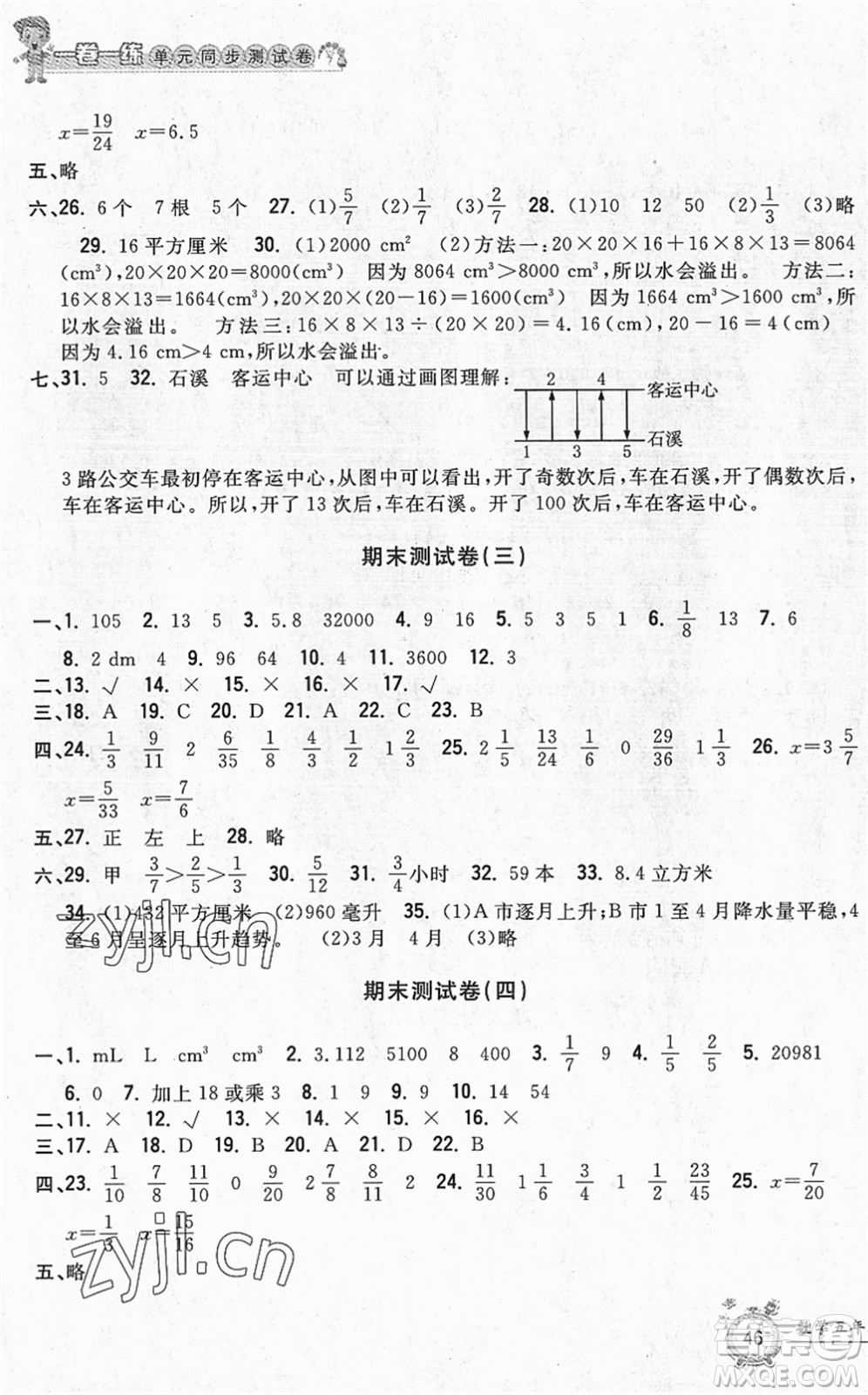 浙江工商大學(xué)出版社2022一卷一練單元同步測(cè)試卷五年級(jí)數(shù)學(xué)下冊(cè)R人教版答案