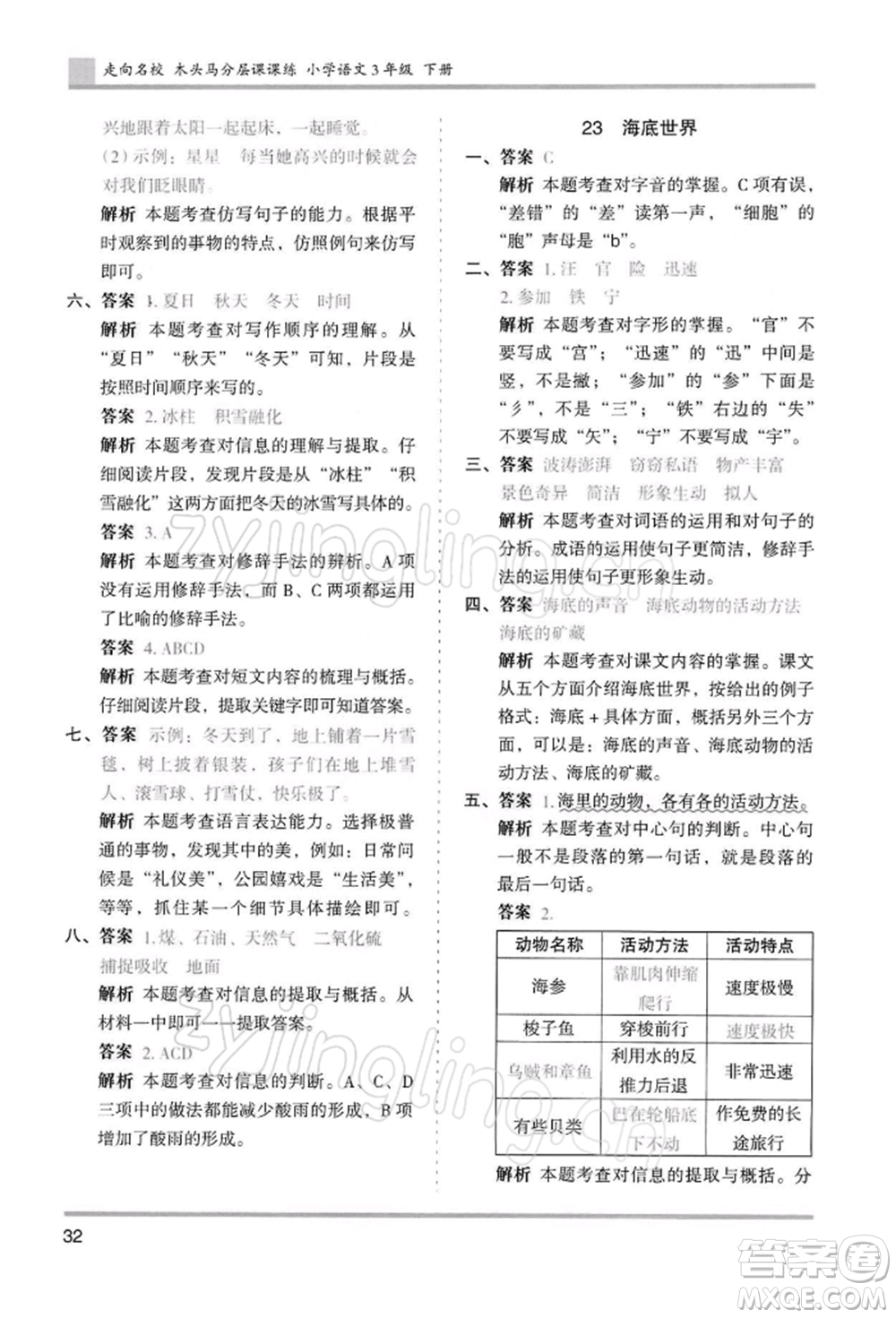 湖南師范大學(xué)出版社2022木頭馬分層課課練三年級(jí)下冊(cè)語(yǔ)文人教版浙江專(zhuān)版參考答案