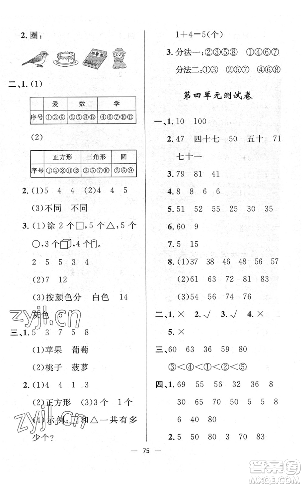 山東畫報(bào)出版社2022一課三練單元測試一年級數(shù)學(xué)下冊RJ人教版答案