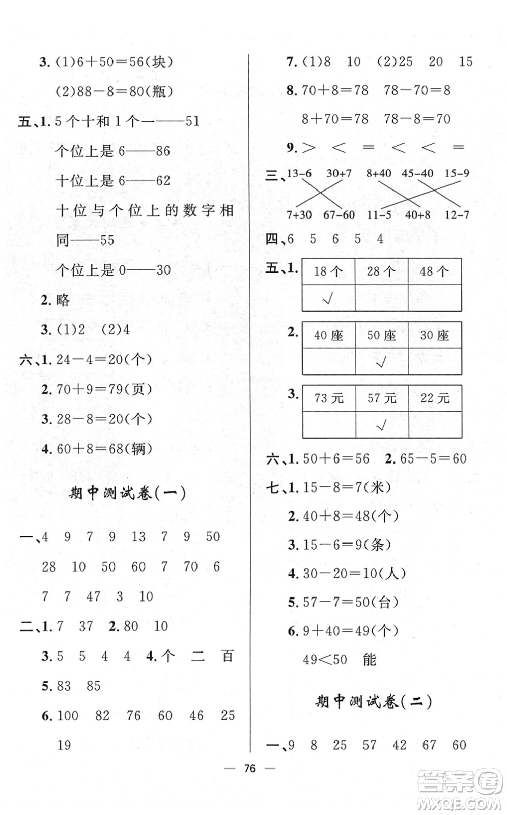 山東畫報(bào)出版社2022一課三練單元測試一年級數(shù)學(xué)下冊RJ人教版答案