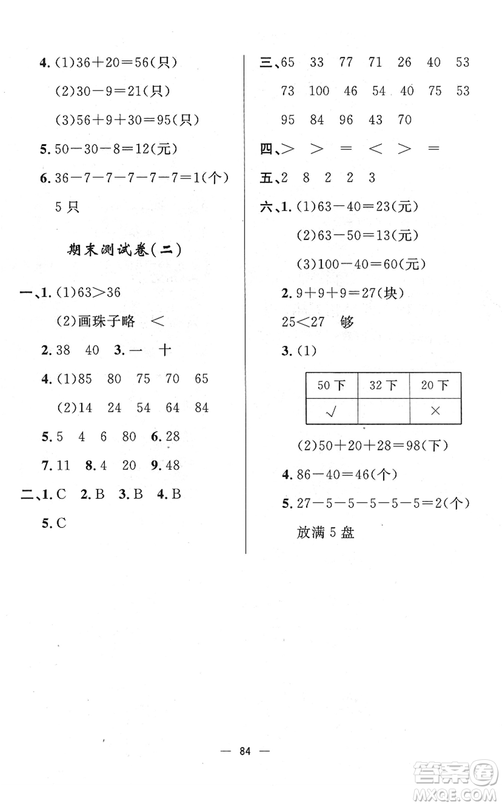 山東畫報(bào)出版社2022一課三練單元測試一年級數(shù)學(xué)下冊RJ人教版答案