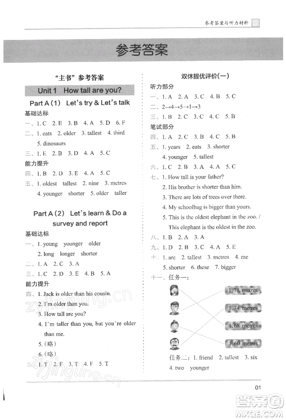 湖南師范大學出版社2022木頭馬分層課課練六年級下冊英語人教版參考答案