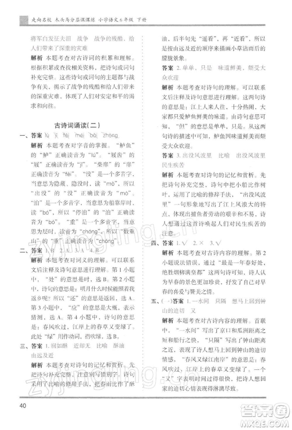 湖南師范大學(xué)出版社2022木頭馬分層課課練六年級(jí)下冊(cè)語(yǔ)文人教版浙江專版參考答案