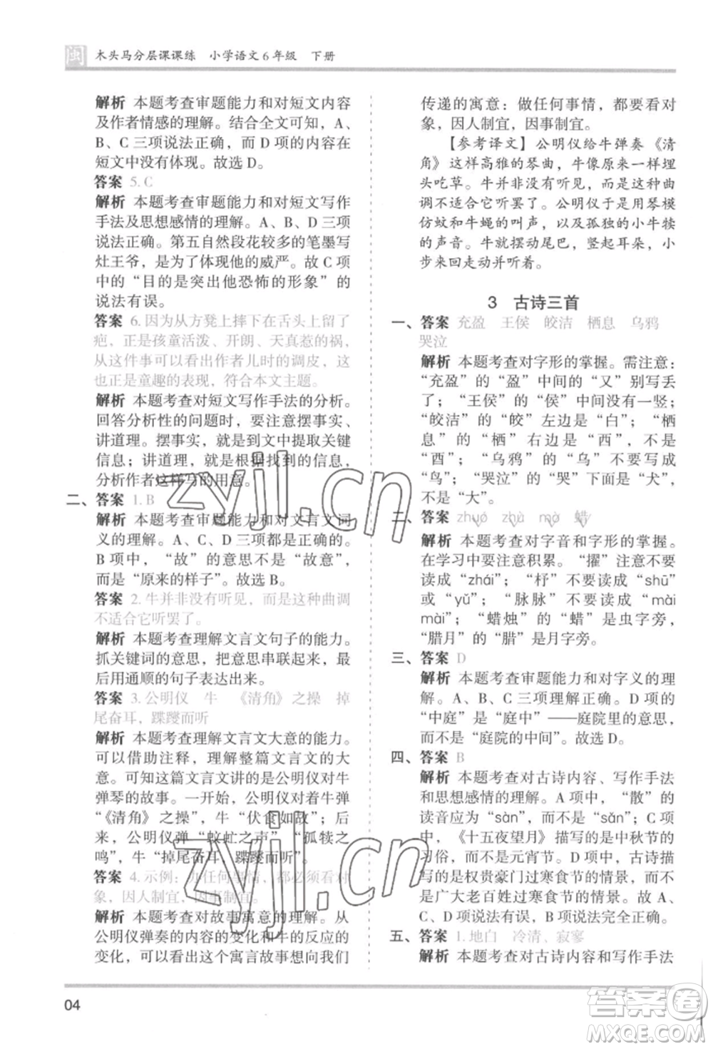 鷺江出版社2022木頭馬分層課課練六年級下冊語文人教版福建專版參考答案