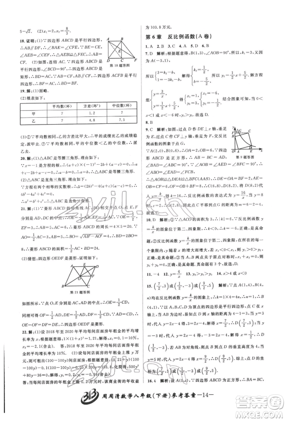 云南科技出版社2022周周清檢測八年級下冊數(shù)學(xué)浙教版參考答案