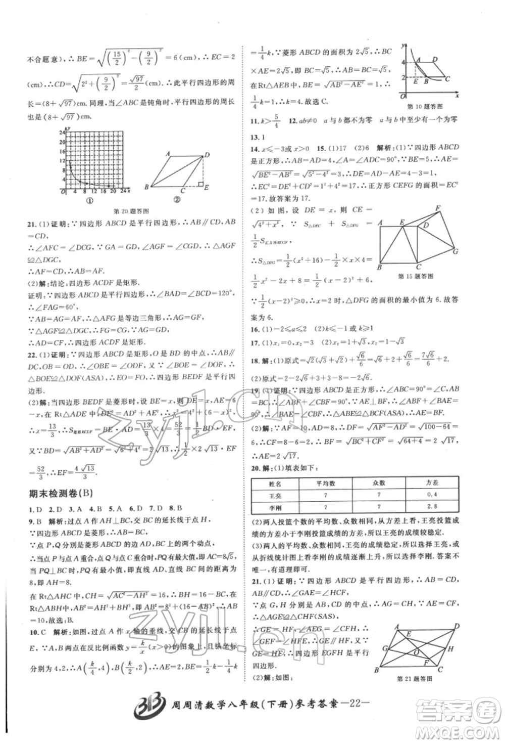 云南科技出版社2022周周清檢測八年級下冊數(shù)學(xué)浙教版參考答案